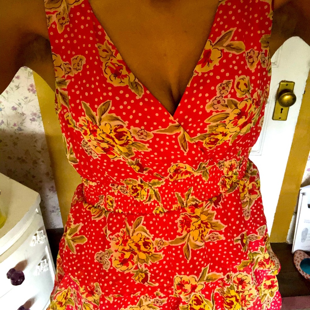 Orange-pink (peach) flapper dress w/ flower print